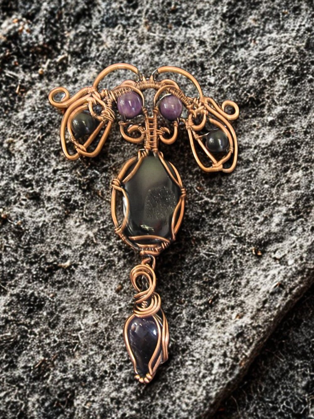 Handmade Wire wrapped Statement Necklace w/ Amethyst, Obsidian Druzy, Copper - Picture 5 of 8